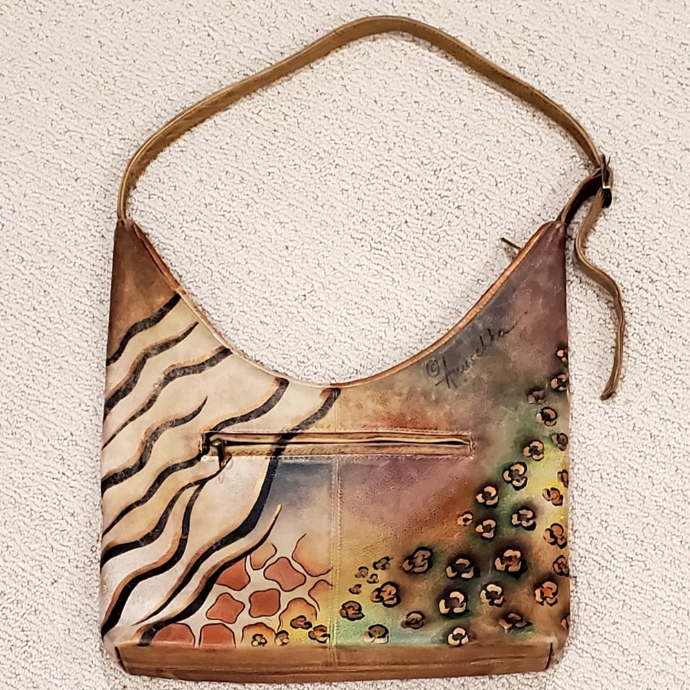Anuschka Signed Leather Handpainted African Safari+Animal Prints Shoulder Bag - Picture 4 of 16